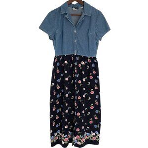 Vintage 90s Faded Glory Midi Sun Shirt Dress M Blue Denim & Floral Cottagecore